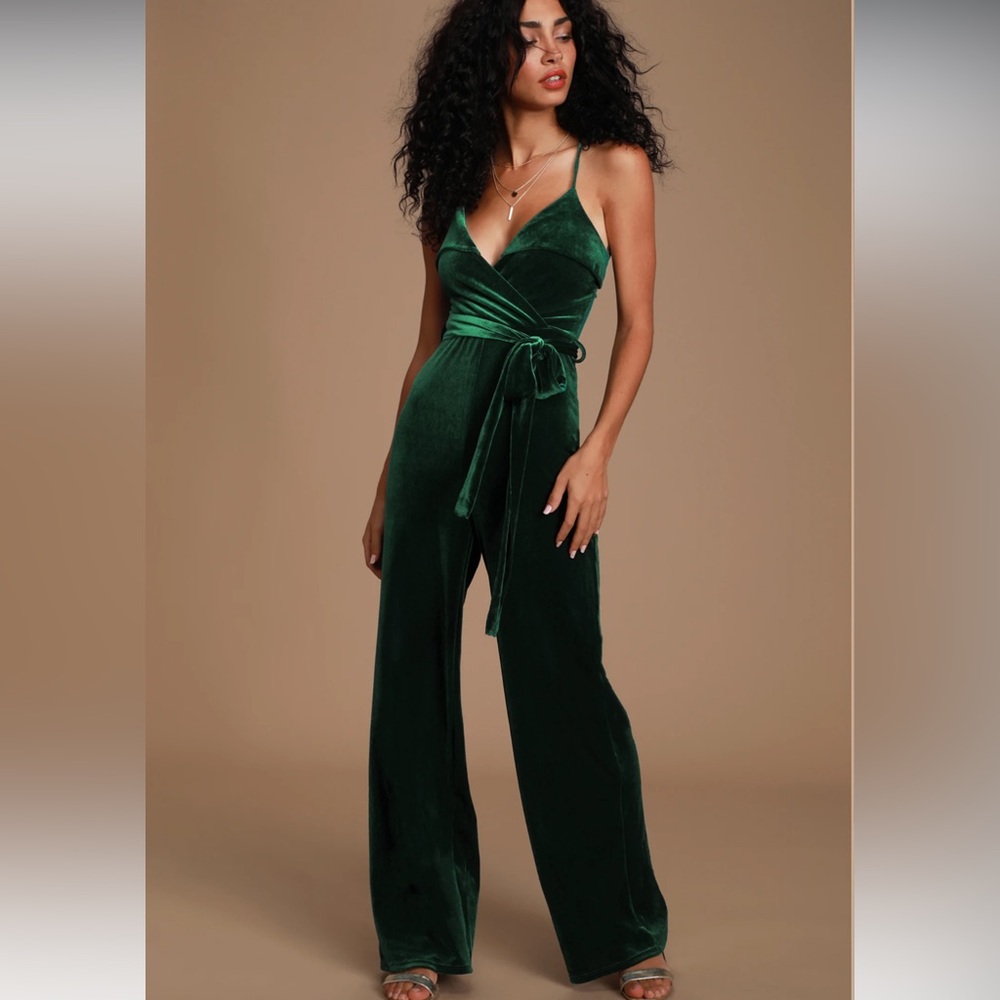 Lulus Forest Green Plush Velvet Kylinna Sleeveless Wide-Leg Jumpsuit NWT Sz XXL